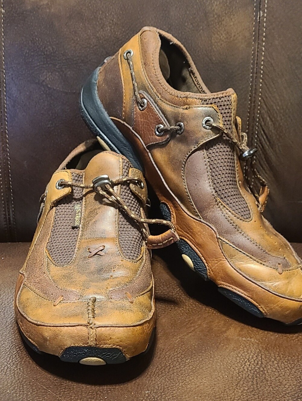H.S. Trask Bison Leather Mesh Toggle Boat Shoes 10M